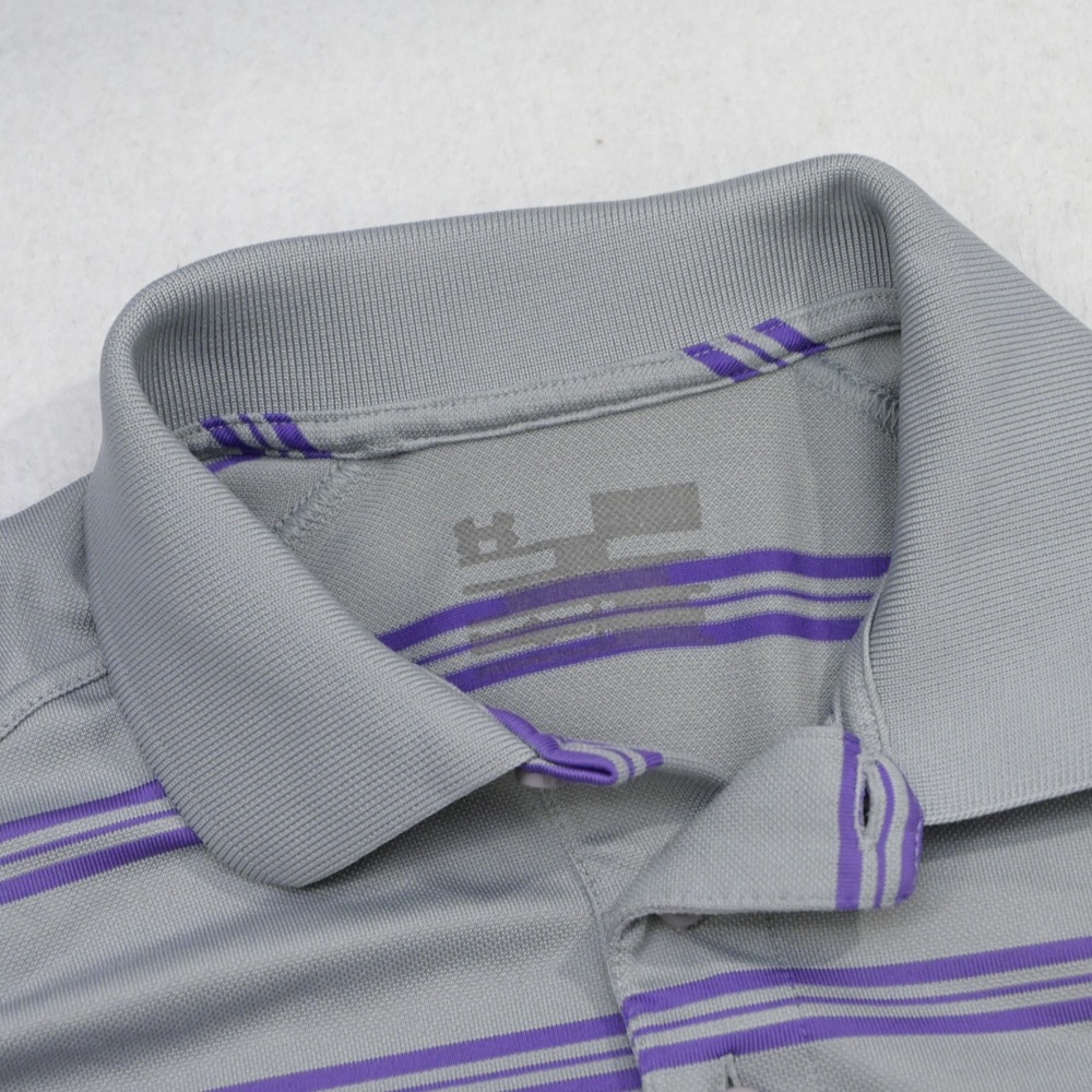Under Armour Polo Shirt Mens Medium Gray Purple Striped Short Sleeve HeatGear - Picture 6 of 11